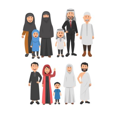 Mutlu Orta Doğu Müslüman ailenin bir arada, Anne, Büyükanne ve büyükbaba ve Childs. Düz vektör çizim