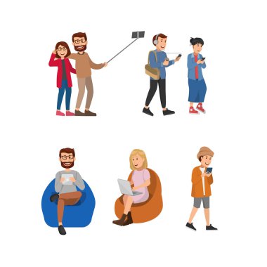 Gadget günlük aktivite, Selfie birlikte kullanan gençlerin kümesi. Düz vektör çizim