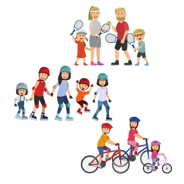 Ensemble Dessin Animé Sportif Familial Tenis Roller Vélo — Image vectorielle