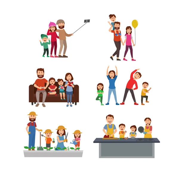 Insieme Del Fumetto Vettoriale Dell Illustrazione Tempo Della Famiglia — Vettoriale Stock