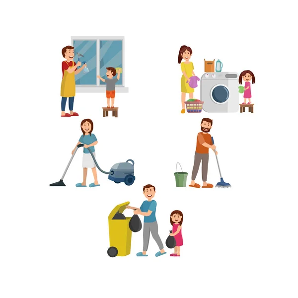 Happy Family Working Together Cleaning Home Flat Vector Illustration Cartoon — Stock Vector