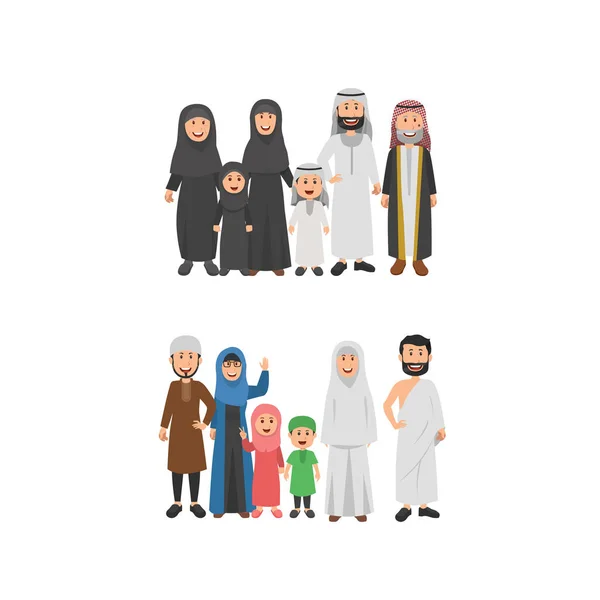 伝統的なアラビア服のイスラム人のアラビア家族のセット 祖父母 息子と娘 フラットのベクトル図 — ストックベクタ