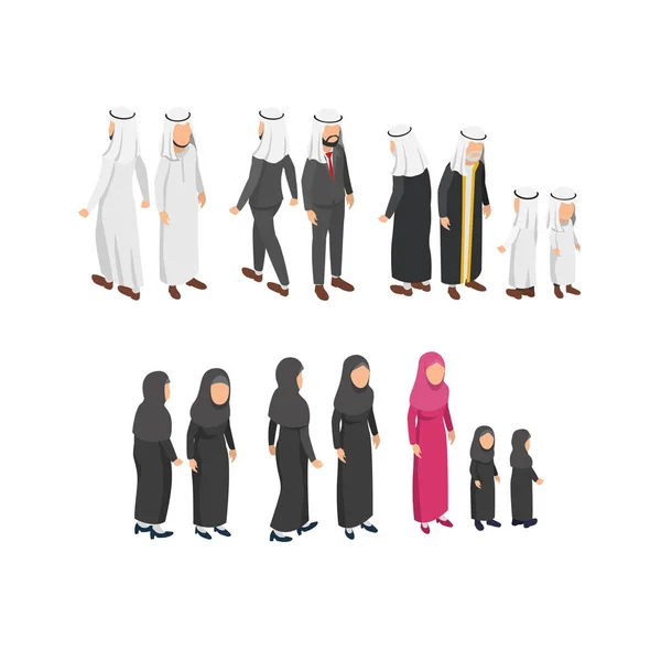 Diseño Isométrico Personajes Con Ropa Tradicional Árabe Hombre Mujer Niño — Vector de stock