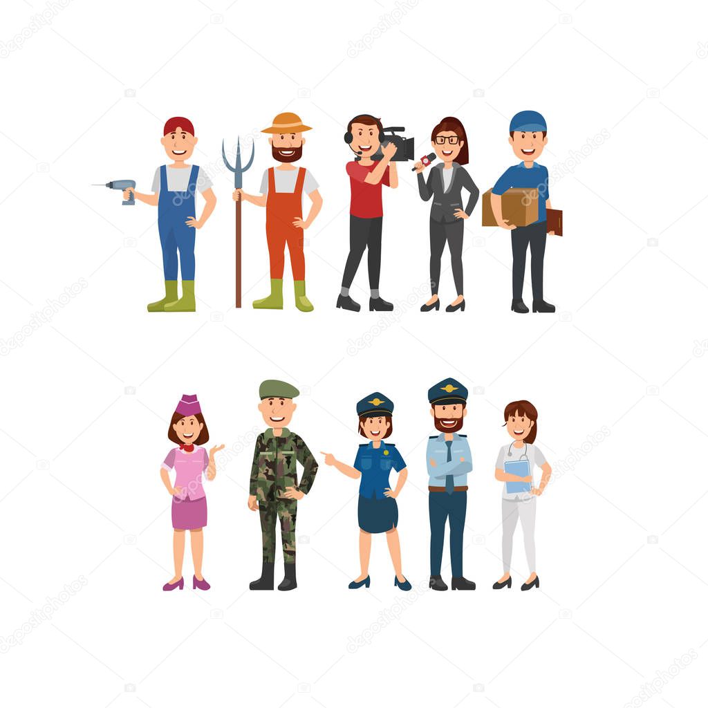 People From Different Jobs Illustration, Farmer, Cameraman, Reporter, Courier, Police, Stewardess, Military. Flat Vector Illustration