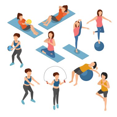 Yoga ve Gymnastic izometrik çizimde, kadın spor kapalı üzerinde set