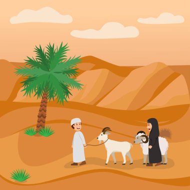 Bayram kurban bayramı Mubarrak, iki çocuk bir kurbanlık hayvan, çizgi film vektör çizim taşıyorlardı