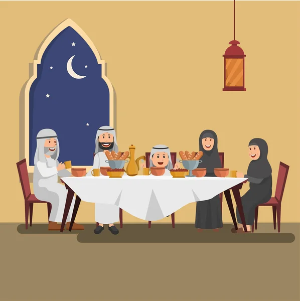 アラビア家族イフタールを楽しむ ラマダンの夕食 ラマダン カリームを祝福 — ストックベクタ