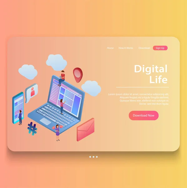 Concepto Isométrico Plano Moderno Ilustración Vida Digital Diseño Landing Page — Vector de stock