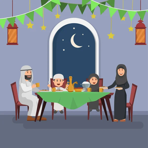 快乐的阿拉伯家庭享受开斋 禁食后吃斋月 平向量插图 — 图库矢量图片