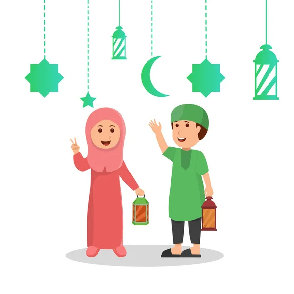 Vector Illustration Dari Kids Ramadan Kartu Ucapan Memegang Lentera Dengan - Stok Vektor