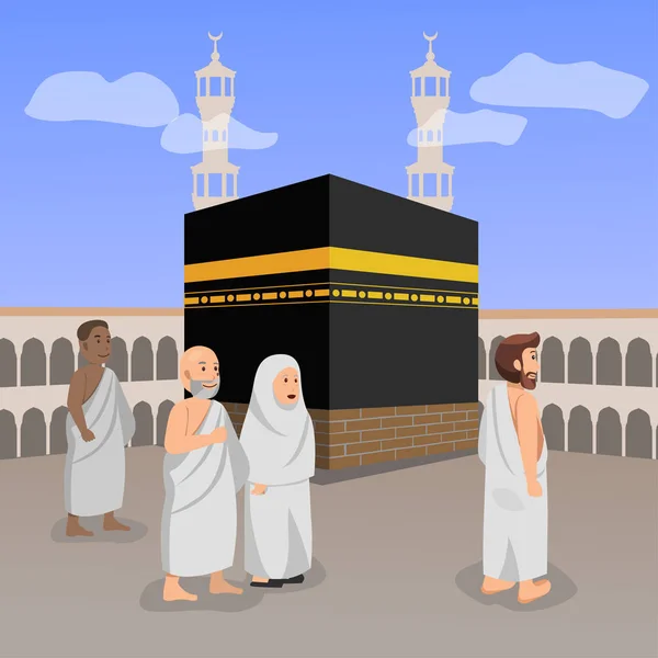 Hadj Bedevaart Islamitische Gebed Macca Illustratie Vector Cartoon — Stockvector