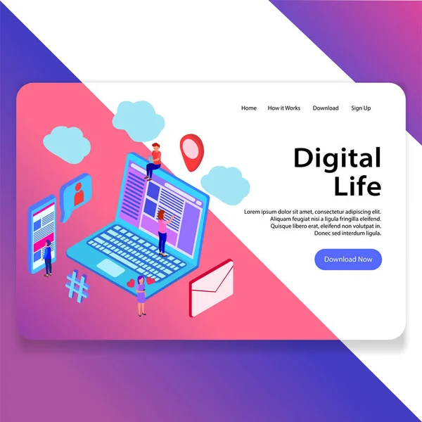 Pagina Iniziale Digital Life Landing Web Illustrazione — Vettoriale Stock