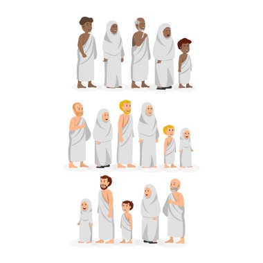 Karakter giyen Ihram, hac çeşitli etnik vektör çizim Müslümanlar giyim kümesi