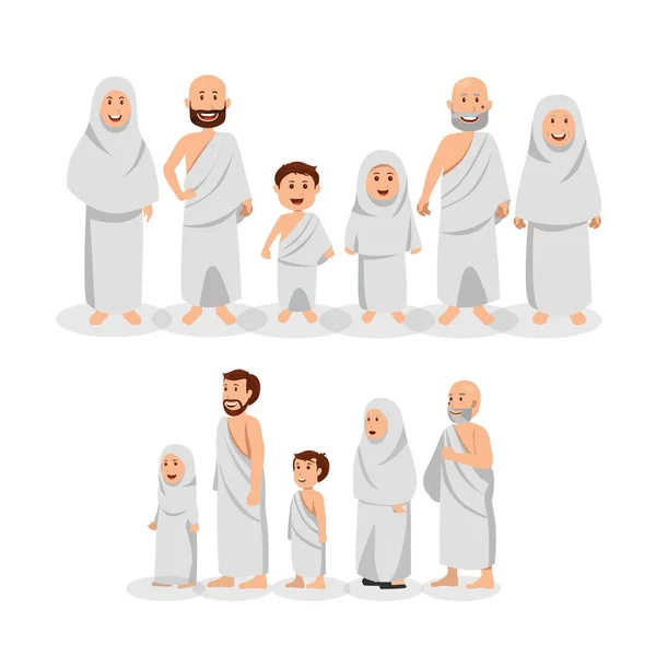 Zestaw Muzułmańskiej Rodziny Noszenia Ihram Ilustracja Kreskówka Wektor Islamskiej Pielgrzymki — Wektor stockowy