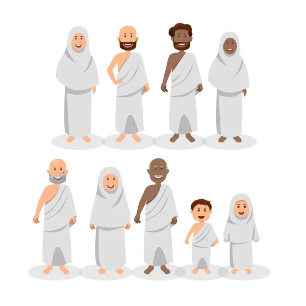 Set Van Islamitische Dragen Ihram Tijdens Hajj Islamitische Bedevaart Cartoon — Stockvector