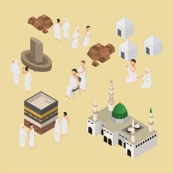 Isometrisk Illustration Hajj Muslimska Pilgrimsfärden Vektor Infographic — Stock vektor