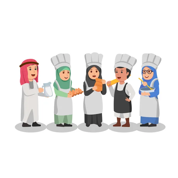 Set Arabian Children Prepare Baked Cake Cartoon Illustration — Stock Vector