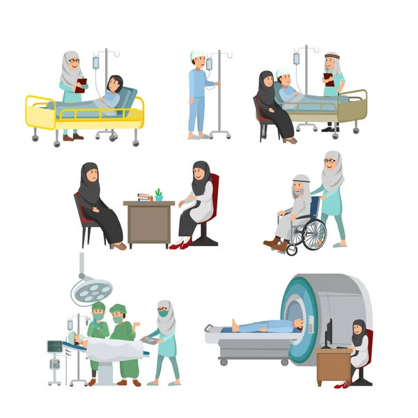 Set Van Arabische Arts Patiënt Illustratie Medische Behandeling Ziekenhuis Vector — Stockvector
