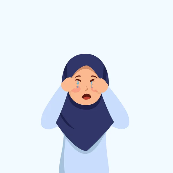 Little Hijab Girl Cry Expression Potrait Cartoon Illustration Vector - Stok Vektor