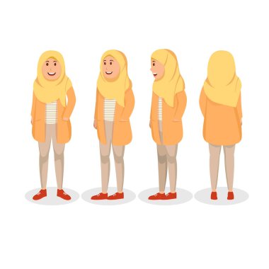 Casual Hijab vektör çizim giyen genç kadın karakter tasarım arkanı ayarla