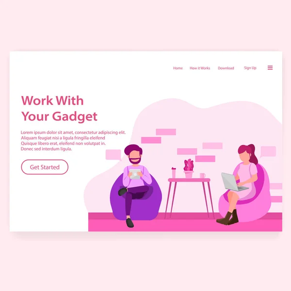 Lavorare Con Vostro Gadget Illustrazione Landing Page Web Design — Vettoriale Stock