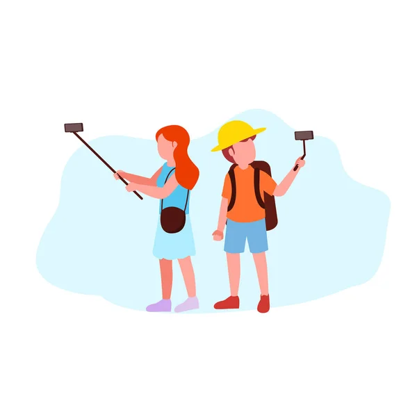 Travel Vlogger Ilustración Pareja Joven Haciendo Vlog Vector Ilustración Plana — Archivo Imágenes Vectoriales