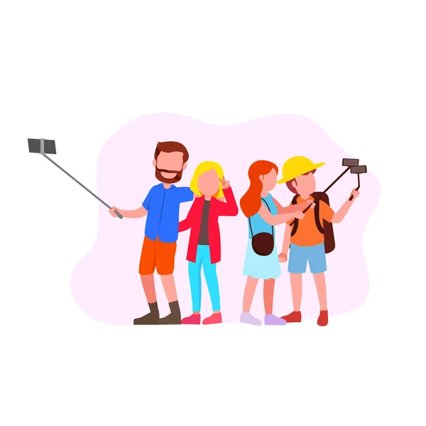Zestaw Ilustracji Grupa Selfie Młodych Ludzi Wakacje — Wektor stockowy