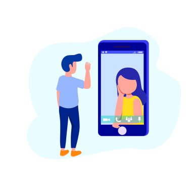 Görüntülü arama illüstrasyon, Genç çift yüz yüze kullanarak sohbet App. vektör çizim düz tasarımı arama