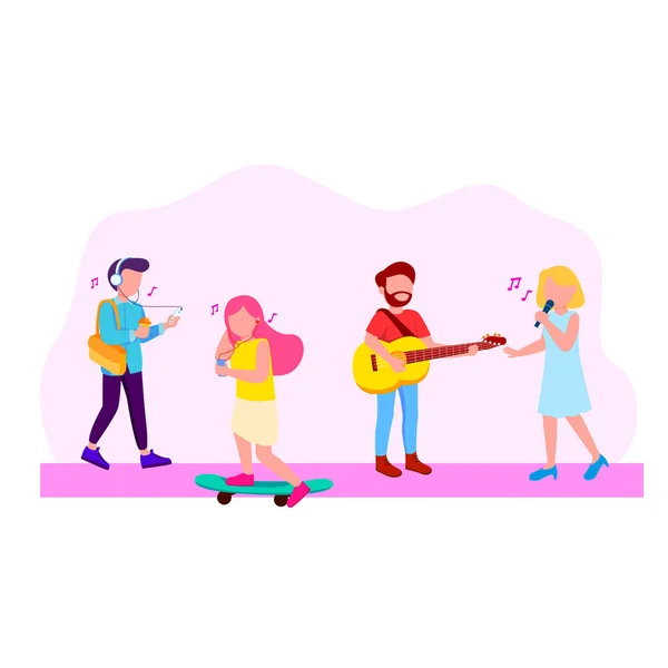 Ilustracja Ludzie Słuchający Muzyki Śpiewu Gra Gitara Muzyków Płaskim Wektor — Wektor stockowy