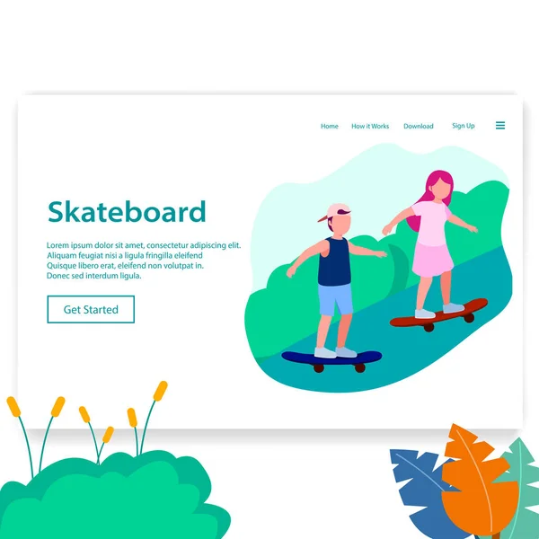 Landing Page Ilustración Dos Jóvenes Jugando Patineta Página Web — Vector de stock