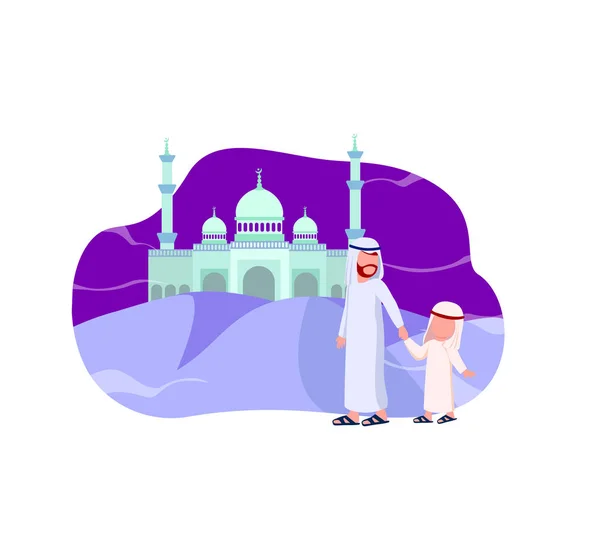 Arabische Vader Leren Zijn Zoon Bidden Moskee Platte Vectorillustratie — Stockvector