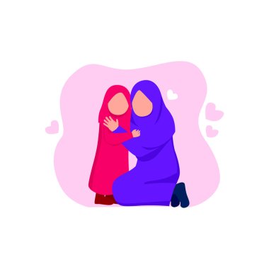 Arap anne ve anne gün düz vektör karikatür kızımız, mutlu aile kutlama