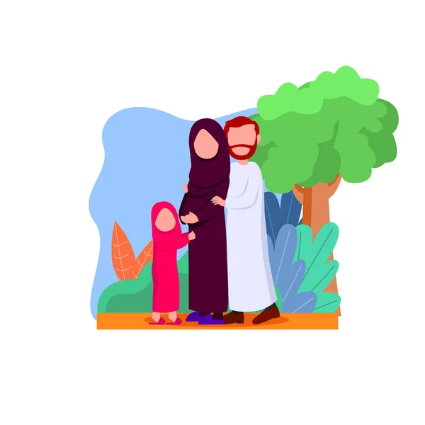 幸せなアラビア家族 彼女の娘と夫のフラット ベクトルの漫画と生まれたばかりの赤ちゃんを待っている妊婦の母 — ストックベクタ