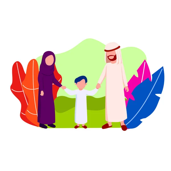 フラットのベクトル図を一緒に歩く幸せなアラビア家族 — ストックベクタ