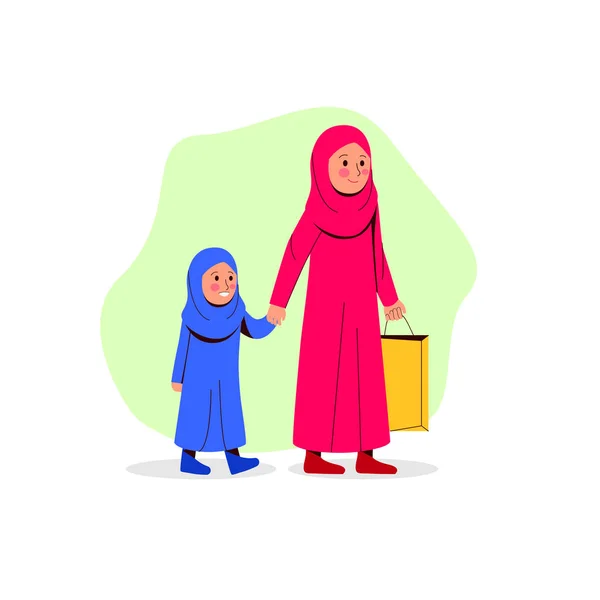 Arap Anne Kızı Birlikte Yürüyüş Kağıt Torba Vektör Karikatür Çizim — Stok Vektör