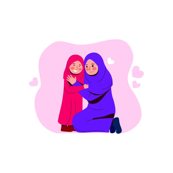 Feliz Mãe Abraço Sua Filha Arabian Família Flat Vector Cartoon —  Vetores de Stock