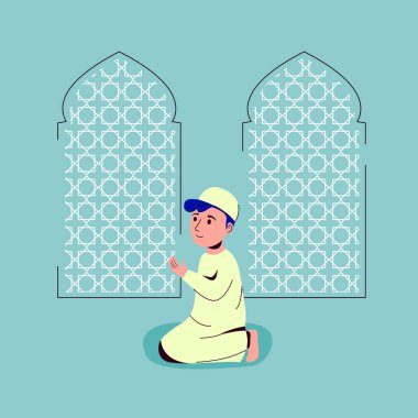 Müslüman çocuklar dua cami resimde vektör karikatür düz