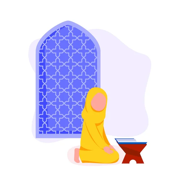 Menina Muçulmana Recite Alcorão Livro Sagrado Islâmico Ilustração Vetor Desenhos — Vetor de Stock