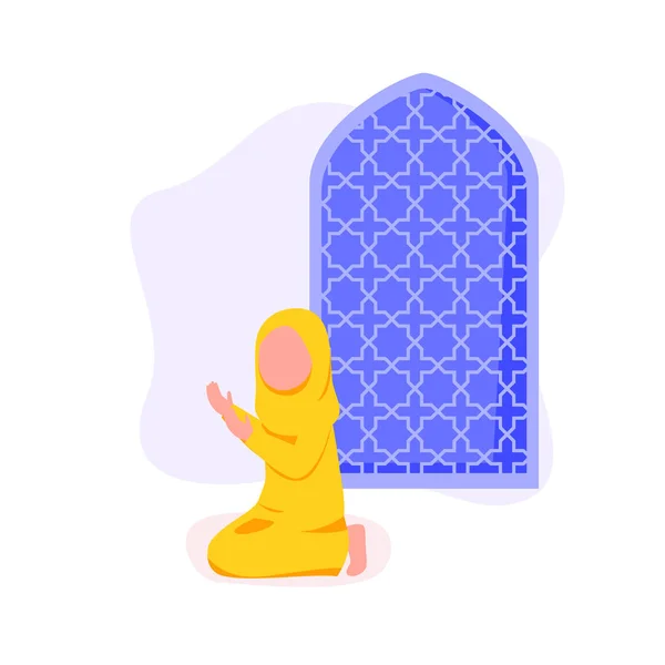Illustration Muslimisches Mädchen Betet Moschee Tür Und Ornament Flache Vektorillustration — Stockvektor