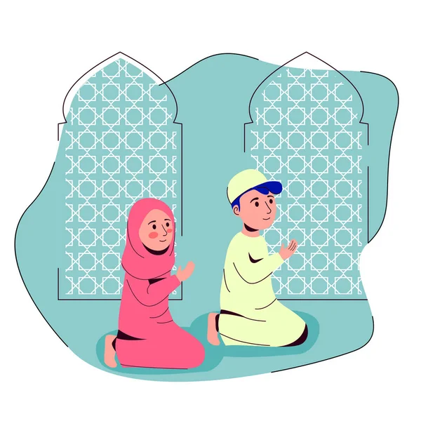 穆斯林男孩和女孩祈祷在清真寺后 Shalat 向量平板动画片例证 — 图库矢量图片