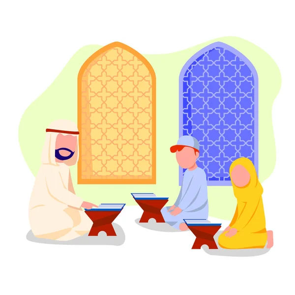 Kleine Kinderen Studeren Reciterende Quran Met Arabische Leraar Vectorillustratie Cartoon — Stockvector