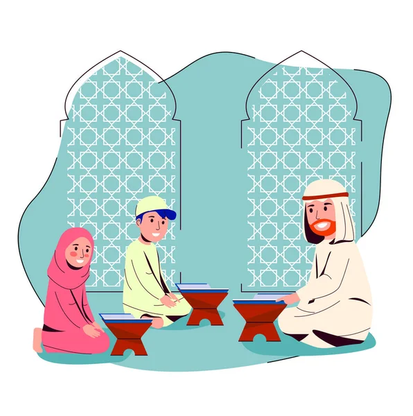 Araber Lehrt Kleinen Kindern Quran Vektor Cartoon Illustration — Stockvektor