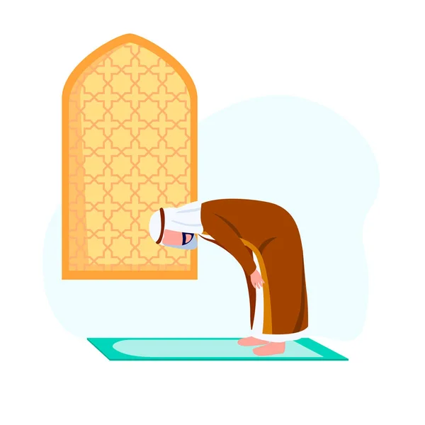 Arabian Man Practicing Bowing Prayer Practicing Islamic Pray Vector Illustration — Stock Vector