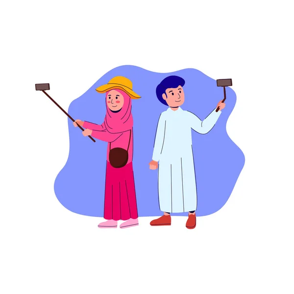 Dois Adolescentes Árabes Selfie Masculino Feminino Fazendo Vlog Doodle Ilustração —  Vetores de Stock