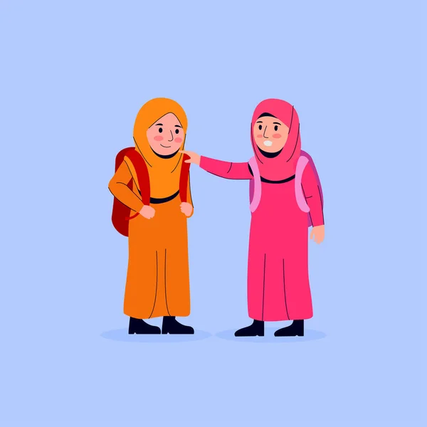 Little Arabian Child Calming Her Friend Flat Vector Doodle Illustration - Stok Vektor