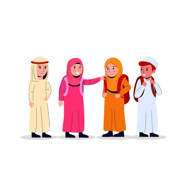 Arab Fiúk Lányok Hordozó Hátizsák Gyerekek Junior School Illusztráció Lapos — Stock Vector