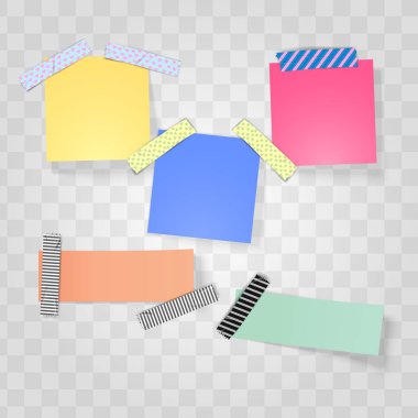 Yapışkan Not ve Washi Teyp gerçekçi vektör illüstrasyon izole şeffaf arka plan üzerinde