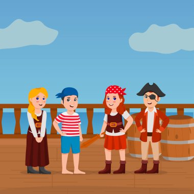 Korsanlar çocuklar bir geminin denize ile güvertede tatlı vektör karikatür çizim arka plan