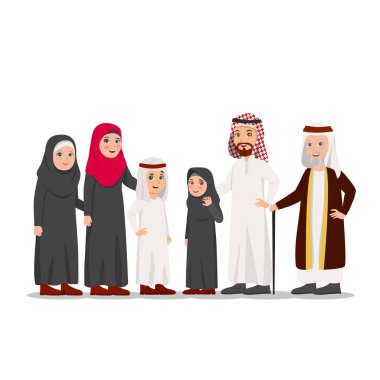Grup Arap aile çocuk, anne ve büyükanne ve büyükbaba vektör karikatür çizim