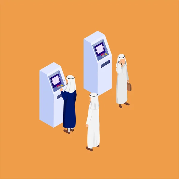 Arabian People Automatic Teller Machine Illustration Vectorielle Isométrique — Image vectorielle